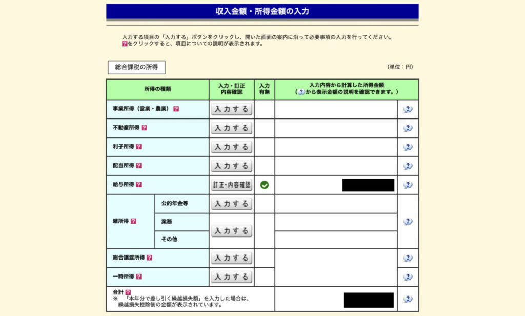 給与所得の入力確認